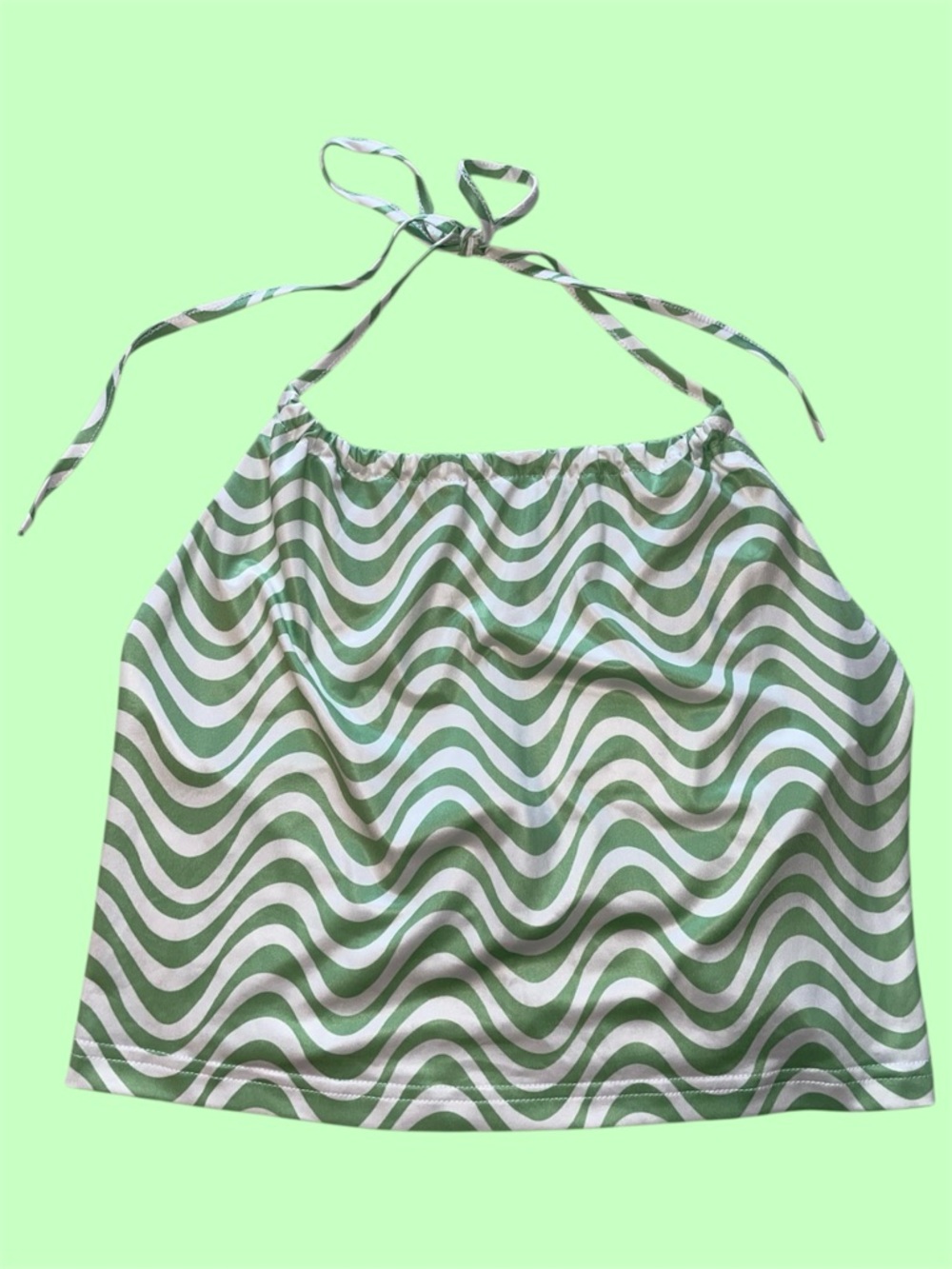 Elodie Green and White Curved Stripe Cropped Adjustable Tie Halter Tank Top